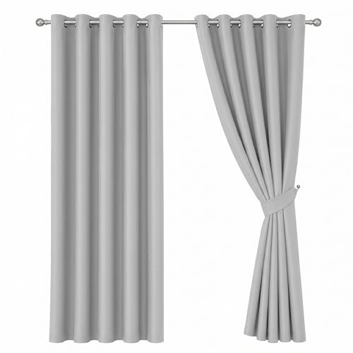 Oxford Homeware Eyelet Blackout Curtains for Bedroom 66x72 Inch Light Grey Curtains for Living Room Privacy Protection Window Curtain 2 Panels with Matching Tiebacks