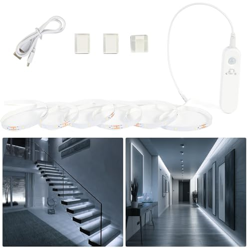 Hoobabuy Led Strip mit Bewegungsmelder und Lichtsensor, Wiederaufladbar Batterie, Led Band Wiederaufladbare Kleiderschrank Beleuchtung, für Treppen, Babyzimmer, Küche, 2M, Weiß 6500K