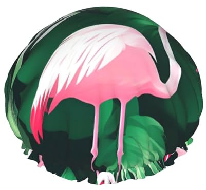 Duschhaube für Damen, Motiv: Flamingo, Vogel und grünes Blattmuster, wiederverwendbare Badehaube, atmungsaktive Duschhaube, Bade-Duschhauben mit verstellbaren