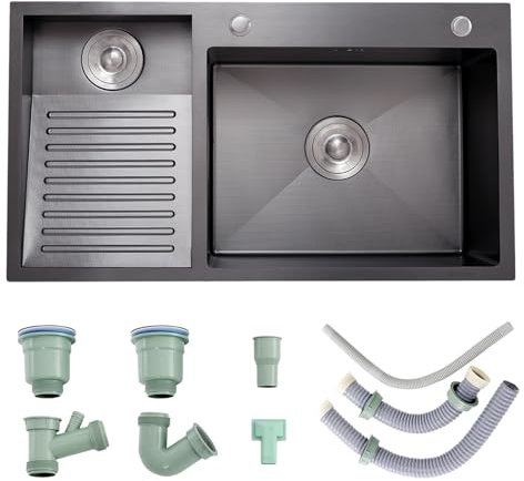 Lavandino Per Lavanderia In Acciaio Inox 304, Con Asse Di Lavaggio Integrata, Lavello Di Servizio Per Seminterrato, Ciotola Per Lavanderia, Con Kit Di Scarico, Vasca Per Lavaggio(Black,80cm-A)