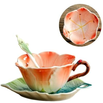 XYUERU Flower Ceramic Set Enamel Rose Colorful Coffee Cup and Saucer | Creative French Tea Cup Dessert Saucer Coffee Spoon for Afternoon Tea Office Home Restaurant Cafe(Pink)