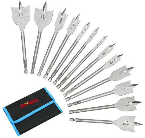 BeHappy 13PCS Spade Drill Bit Set in SAE, Alloy Steel Paddle Flat Bit with Quick Change Shank, Flat Wood Hole Cutter Fit for Woodworking, Assorted Bits with Nylon Storage Pouch, 1/4 to 1-1/2