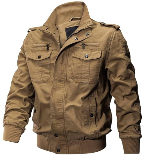 Jinsha Giacca da Uomo Antivento Militare Bomber Giubbotto Uomo Invernale Casual Escursionismo Zip Giacche per Gli Uomini Outdoor Cargo Field Jackets Khaki L
