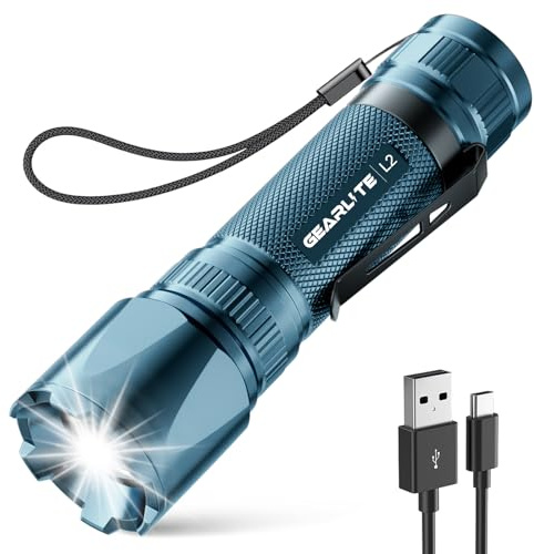 GEARLITE LED Torch Rechargeable, 3500LM Torches LED Super Bright with Clip Adjustable Focus, 3 Lighting Modes Waterproof Small Torch for Power Cuts, Emergency, Camping, Hiking, Outdoor(Blue)
