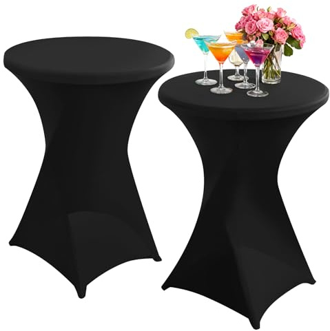 JSMTKJ 2er-Set Stretch Stehtisch Hussen, Runden Ecken Stehtischhussen | für Bar, Hochzeit, Cocktail-Party, Bankett (Ø60 x 110 cm, Schwarz)