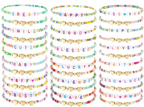 ViEinkaufen 36 Pcs Colorful Friendship Bracelet Set,Bulk Stackable Letter Beaded Bracelets for Girls Women Friends Party Accessories