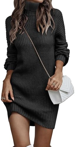 JFAN Vestito Donna Invernale Elegante Casual in Maglione Collo Alto Lungo Abito Caldo Lavorato a Maglia Pullover Vestiti,Nero,XL