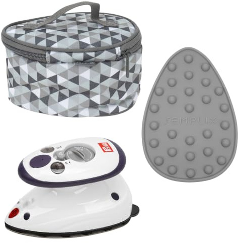 SEMPLIX Mini-Bügeleisen Bundle – Kompaktes Komplettset für Nähen, Quilten & Reisen mit Prym Mini-Dampfbügeleisen, Reisebügeleisentasche und Silikonablage (Diamond Grau)