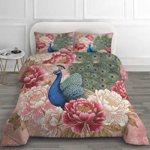 GEDAEUBA Bettdecke 140x200 Pfau - Pfingstrosen Deko, 4 Jahreszeiten Bettdecken 140 x 200, Steppdecke Ohne Bezug Nutzbar, Warme & Weiche Ganzjahresdecke mit 1 Kissenbezug