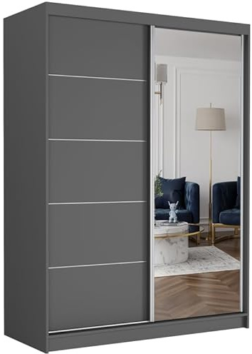 Easy4You Krudox Anthrazit 150 cm Schiebetürenschrank Kleiderschrank mit Spiegel Schlafzimmermöbel Mehrzweckschrank mit Kleiderstange Schrank für das Schlafzimmer