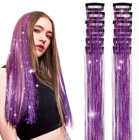 KLINNA 12 ciocche di capelli lucidi con clip, 50 cm ciocche di capelli glitterate Lametta per ragazze e bambini, accessori per capelli fata scintillanti da intrecciare (viola scuro)