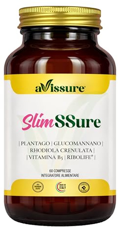 SlimSSure Integratore Alimentare con Glucomannano, Plantago Ovata, Rodiola, Ribolife, Vitamina B5 e Cromo Picolinato, 60 Compresse Predosate Senza Glutine, OGM, Lattosio, 1-2 al Giorno, avissure