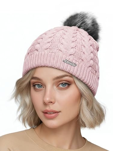 Neverless® Damen Strickmütze mit Fleecefutter Pudelmütze Wintermütze Warm & Gefüttert mit Bommel Model 1975