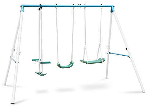 OneConcept Olav - Gartenschaukel, Kinderschaukel, Kinderwippe, robuste Stahlkonstruktion, inkl. 4 gezackten Erdnägeln, max. 120 kg, bis zu 4 Kinder gleichzeitig, blau-weiß