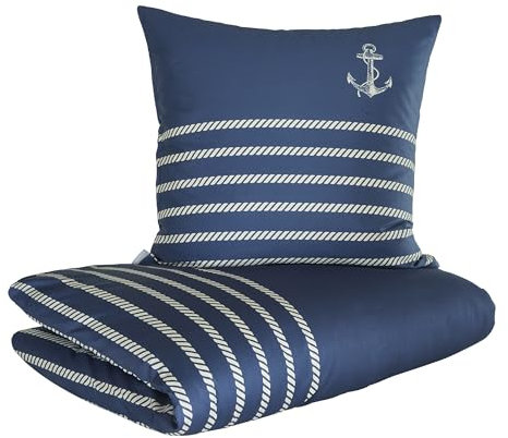 Zeitgeist Cuxhaven Bettwäsche 155x220 cm - Satinbettwäsche dunkelblau, 100% Baumwolle, 2 teilig mit Reißverschluss