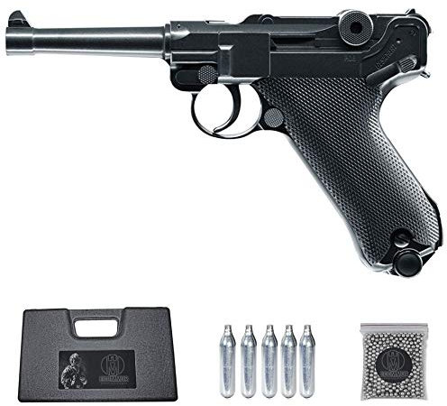 Ecommur. Legends P08 Tipo Luger Alemana| Pistola de perdigones (Bolas BB's de Acero) de Aire comprimido semiautomática 4,5mm + maletín + balines y CO2