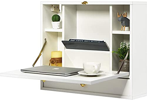 Topment Wall Mounted Folding Desk, Multifunctional Home Office Workstation with Storage Compartments, Space-Saving for Small Space, White Hanging Laptop Desk for Bedroom, Study