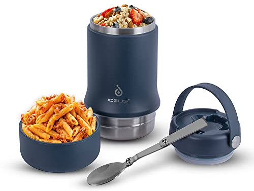 Ideus Soup Thermo with Foldable Spoon and Bowl 20oz, All-in-one Insulated Bento Lunchbox Stainless Steel Leakproof Portable Soup Container Vacuum Thermal Food Jar for Lunch, Navy Blue