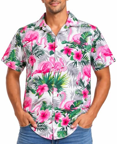King Kameha Camicia Hawaiana Uomo a Maniche Corte con Stampa Fenicottero Colorato