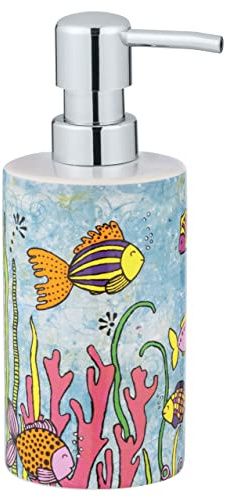 WENKO Seifenspender Rollin'Art Ocean Life, nachfüllbarer Pumpspender aus Keramik mit 360 ml Volumen für Flüssigseife, Spülmittel oder Desinfektionsmittel mit bunter Unterwasser-Welt, 8,5 x 18 x 7 cm