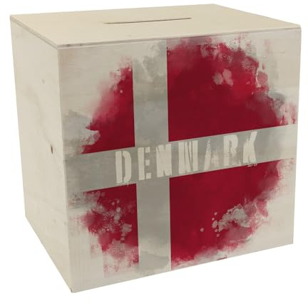 Spardose aus Holz mit Dänemark-Flagge im Used Look - Sparschwein für Urlauber eine schöne Sparbüchse mit der dänischen Nationalflagge verziert um auf die Reise nach Dänemark zu