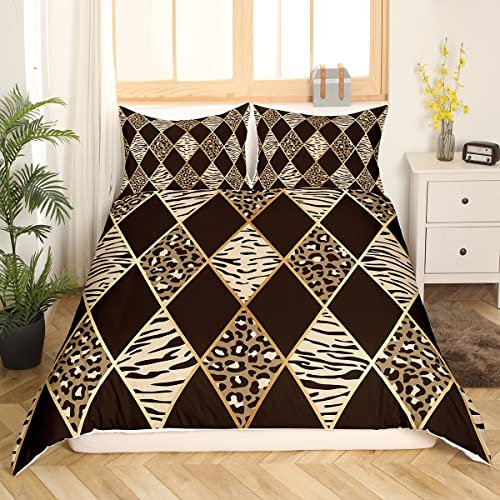 Homewish Bettwäsche Set mit Safari Tierdruck Gepard Zebra Tiger 135x200 Giraffe Leopard Bettbezug 2 Stück Schwarz Braun Gold Bettwäsche geometrisches Patchwork kariert luxuriöse Raumdekor