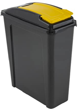 JMS We Create Smile Plastic Dustbin Slimline With Flap Lid - Recycle Trash Can for Kitchen, Home, Office, Garden Storage (25L, Yellow)