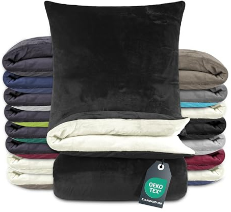 BaSaTex Winter Plüsch Bettwäsche Set, 135x200 cm, Schwarz Wollweiss | Warm und Kuschelig, Öko_Tex Zertifiziert, Reißverschluss, Flauschig Anschmiegsam, Feuchtigkeitsregulierend