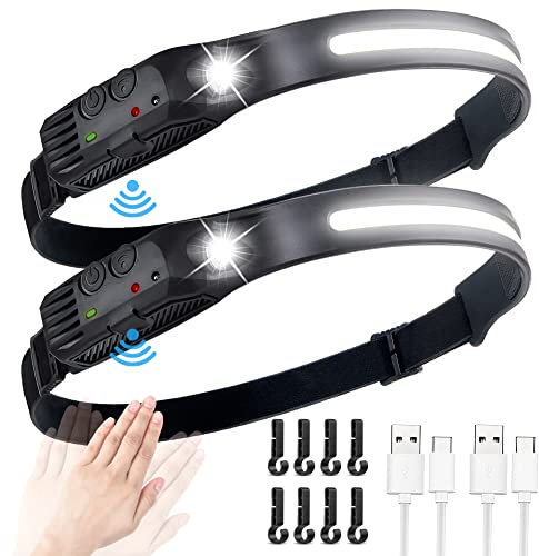flintronic 2 PCS Led Headlamp USB Rechargeable,5 Modes 600 Lumens COB Headlight, IPX4 230°Wide-Angle Waterproof Lightweight Head Torch with Motion Sensor for Running, Hiking, Fishing Emergency 6 Hours