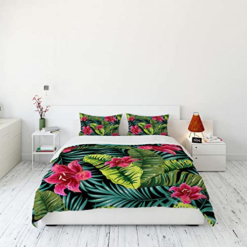 YUANZU Leaf Bedding Set King for Woman Girls Duvet Cover Set 3 Pieces Tropical Jungle Plant Palm Tree Flowers Printed Soft Microfiber Quilt Cover with Zipper Closure (230 x 220 cm & 2Pillowcase)