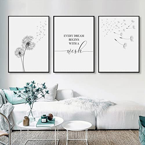 Trayosin 3er Poster Set Wohnzimmer - Aesthetic Blume Schwarz Weiß Bilder Deko Schlafzimmer - Pusteblume Leinwand Stilvolle Wandbilder - ohne Bilderrahmen (30x40cm)