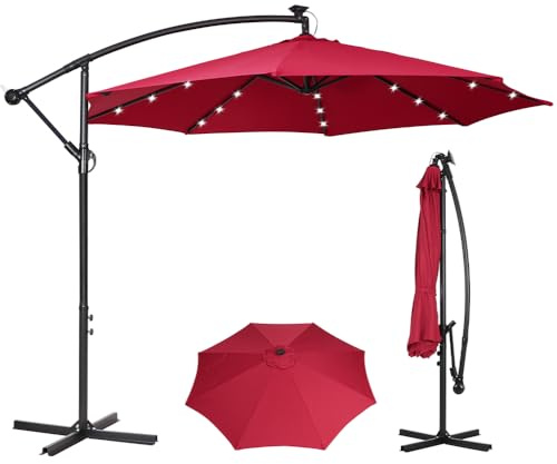 Panana 3M Cantilever Garden Parasol with Solar LED Lights, Outdoor Banana Hanging Umbrella with Crank and Tilt, UV Protection Sun Shade Canopy Offset Parasol for Pool, Deck, Patio, Balcony (Red)