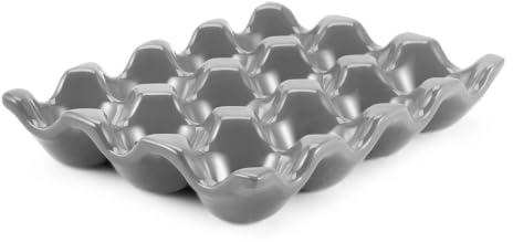 Flexzion Ceramic Egg Holder for Fridge - 12 Cups Egg Tray Whole Dozen Porcelain Container Keeper Storage Organizer Decorative Serving Stand Serveware for Countertop Display Kitchen (Gray)