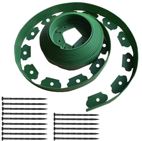 Lawn Edging Flexible Plastic Garden Edging Border for Grass Lawns, Pathways, Raised Borders, Artificial Grass, Landscape edging, with securing pegs Extra (Green-Height 5cm)