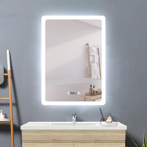 Acezanble Badezimmerspiegel mit Beleuchtung 3 Lichtfarbe Dimmbar mit Memory,60x80cm LED Spiegel mit Uhr Touch Beschlagfrei,Energiesparend Badspiegel Wandspiegel