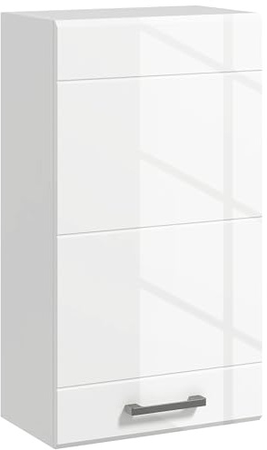 kleankin Armario de Pared para Cuarto de baño, Armario de Almacenamiento de 3 Niveles, Estante Ajustable, 1 Puerta, Moderno, Armario Colgante, 37 x 22,5 x 70 cm, Color Blanco Alto Brillante