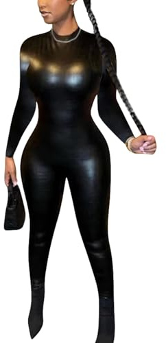 ksotutm Long Sleeve Jumpsuit for Women Sexy Leather Bodycon One Piece Black Jumpsuit Party Club Jumpsuits