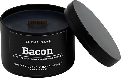 Duftkerze Bacon, starker Duft, Duft Speck, Geschenke für Männer, natürliches Sojawachs, Duftkerze mit Holzdocht, deutsche Marke, Brenndauer 45 Stunden, 180 gramm, Elena Days