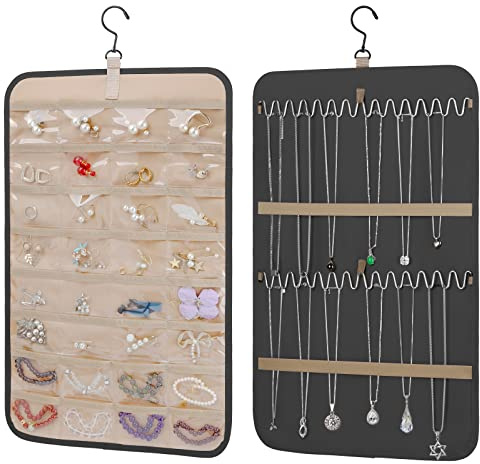 Hängende Schmuck Organizer Aufbewahrung Rolle mit 360 Grad Rotierendem Kleiderbügel, Doppelseitiger Hängender Schmuck-Organizer, Schrank Halterung für Ohrring, Armband,(58 cm/22,7 Zoll Schwarz)