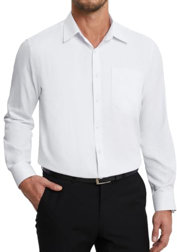 HISDERN Camisas Hombre Manga Larga de Vestir Formal Camisa Blanca Hombre Boda de Algodón con Bolsillo Botones Regular Fit Elegante Negocios 4XL
