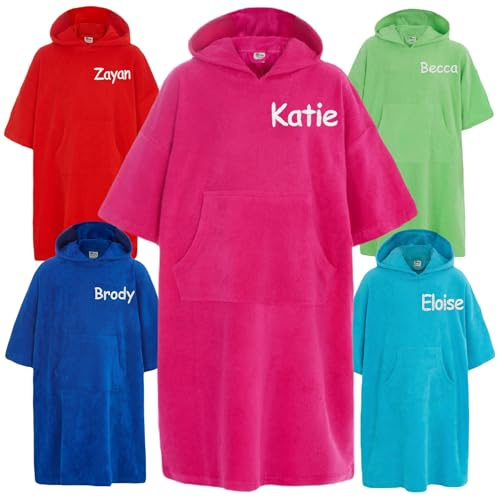 Gembroidery Personalised Hooded Poncho 100% Cotton Kids Towelling Changing Robe Childrens Bath Towel with Pocket For Beach, Swimming, Surfing Gift for Boys and Girls (Hot Pink 4-7 Years)