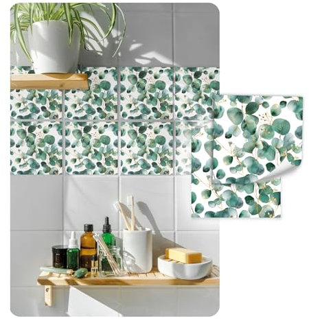 Yabaduu 10 Stück Fliesenaufkleber für Fliesen Küche Bad Boden Aufkleber Dekor Sticker Folie Design Mosaik Fliesenfolie selbstklebend wasserfest Y074 (21 Eukalyptus, 15x15cm)