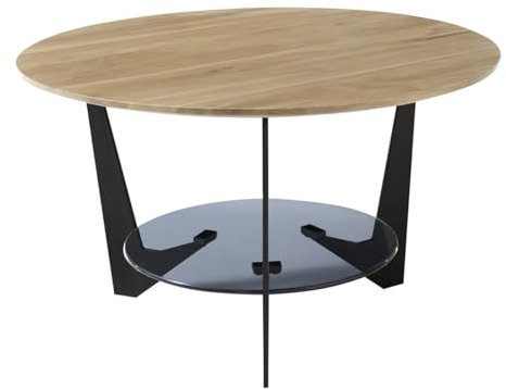 PEGANE Table Basse Ronde en Bois Coloris chêne, Verre et métal laqué Coloris Noir Mat - diamètre 70 x Profondeur 40 cm