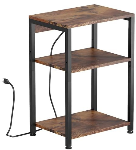 Eiauiuo Beistelltisch Nachttisch mit Steckdose Sofatisch mit 2 AC-Anschlüsse und 2 USB-Anschlüssen Holz Couchtisch 3 Stauraum Schwarzer Metallrahmen Vintage Tisch für Schlafzimmer Wohnzimmer Büro