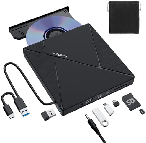 PeroBuno Externes CD-DVD-Laufwerk, optisches USB 3.0-Laufwerk, 4 USB-Anschlüsse und 2 TF/SD-Kartensteckplätze, CD DVD Brenner für Laptop, MacBook, iMac, Desktop-PC, Windows 11/10/8/7/XP, Linux, Mac OS