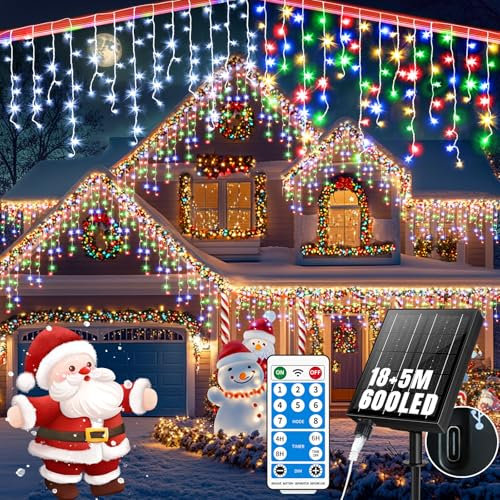 RJEDL 2500mAh Solar Eisregen Lichterkette Außen, 18+5M 600LED 3 In 1 Wasserdicht LED Eisregen Lichterkette, Mit 8 Modi & Timer und Speicher Weihnachtsbeleuchtung Außen Bunt