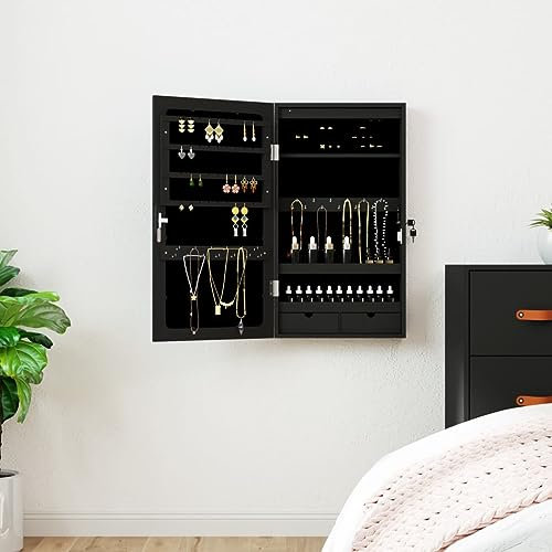 Sufrk Spiegel-Schmuckschrank mit LED-Beleuchtung Wandmontage Schmuckaufbewahrung Schminktisch Organizer Schmuckschrank Schwarz - 353230