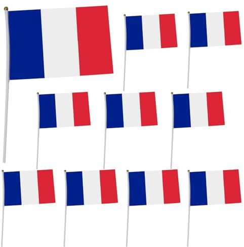 France Stick Flags, 10 Stück, französische Flagge, blau, weiß, rot, französische Flagge, 14 x 21 cm, für Partys, Festivals, Klassenzimmer, Bars, 14 x 21 cm