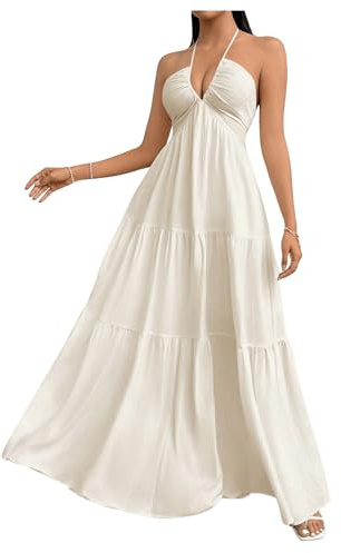 SHENHE Women's Flowy Dress Deep V Neck Backless Halter Dress Beige