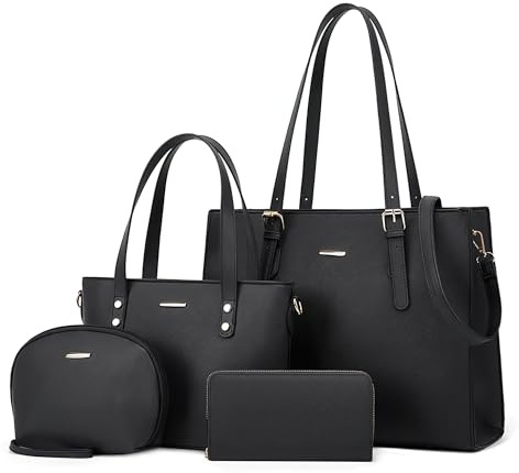 DORRISO Elegant Damen Handtaschen 4 Teiliges Set Anti-Dieb Umhängetasche Clutchbag Karteninhaber Reisen Schultertasche für Büro Ernennung Urlaub Einkaufen PU Leder Schwarz